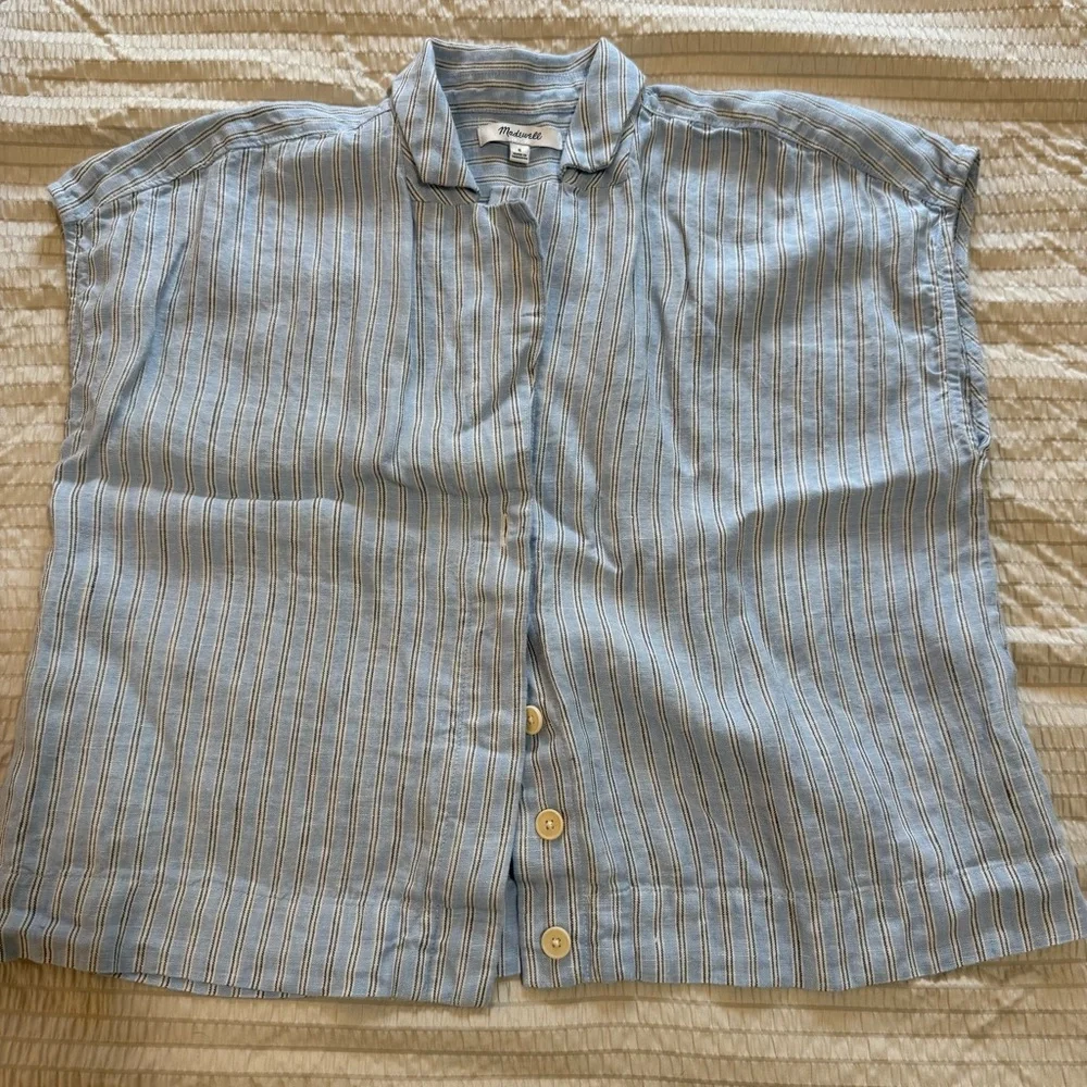 Madewell Blue Linen Striped Boxy Button Front Blouse small - Picture 2 of 5